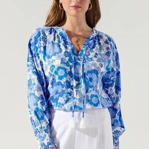 Sugarlips Juliana floral Weylan split neck tassel Blue Floral Blouse